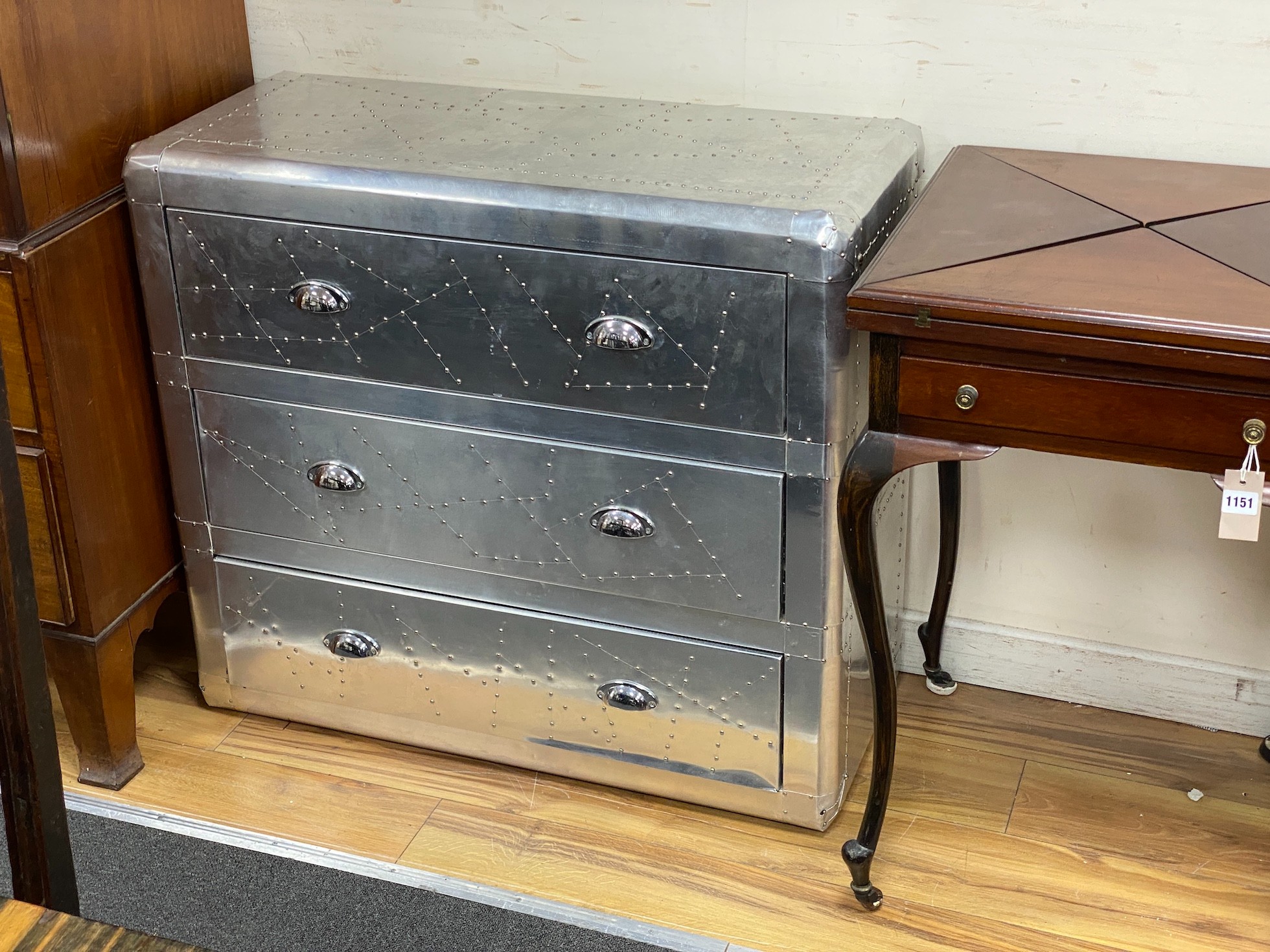 A pair of aeronautical style aluminium three drawer chests, width 90cm